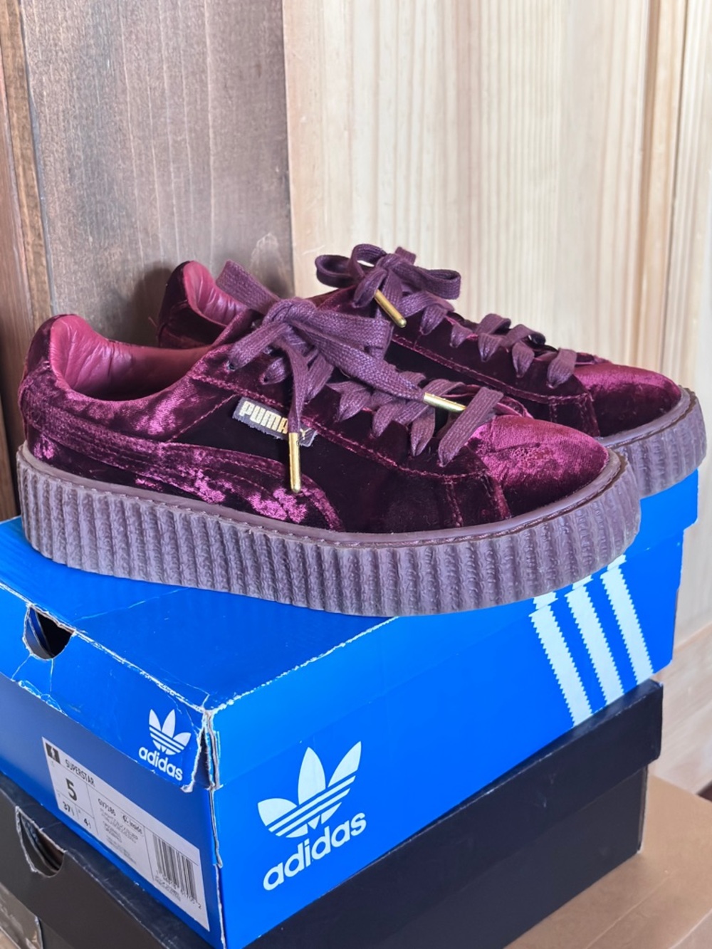 Puma Velvet Platform Sneakers in Deep Burgundy with Gold Accents